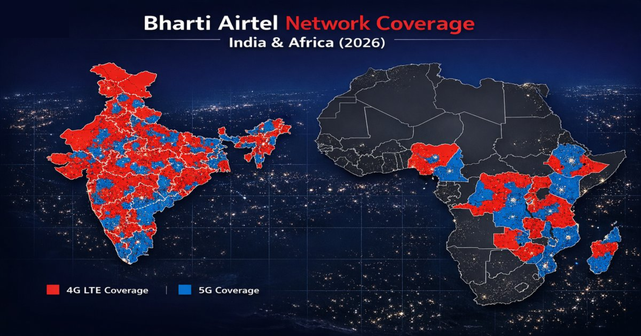 Bharti Airtel 4G and 5G network coverage map showing deployment across India's 22 telecom circles and 14 African markets including Nigeria, Kenya, Uganda, Tanzania, and Zambia, with 5G live in all 7,900 Indian towns and 140,000 villages as of 2026
