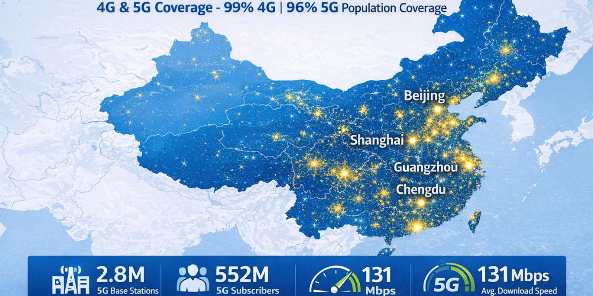 China Mobile 4G and 5G network coverage map showing 96% population reach across China's 31 provinces, municipalities, and autonomous regions, with strongest signal density in Beijing, Shanghai, Guangzhou, Shenzhen, and Chengdu