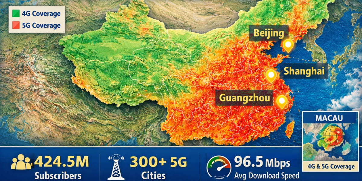 China Telecom 4G and 5G network coverage map showing nationwide population reach across China's 34 provinces and administrative regions, with 5G deployment in over 300 cities including Beijing, Shanghai, and Guangzhou, topographic background with signal strength gradient