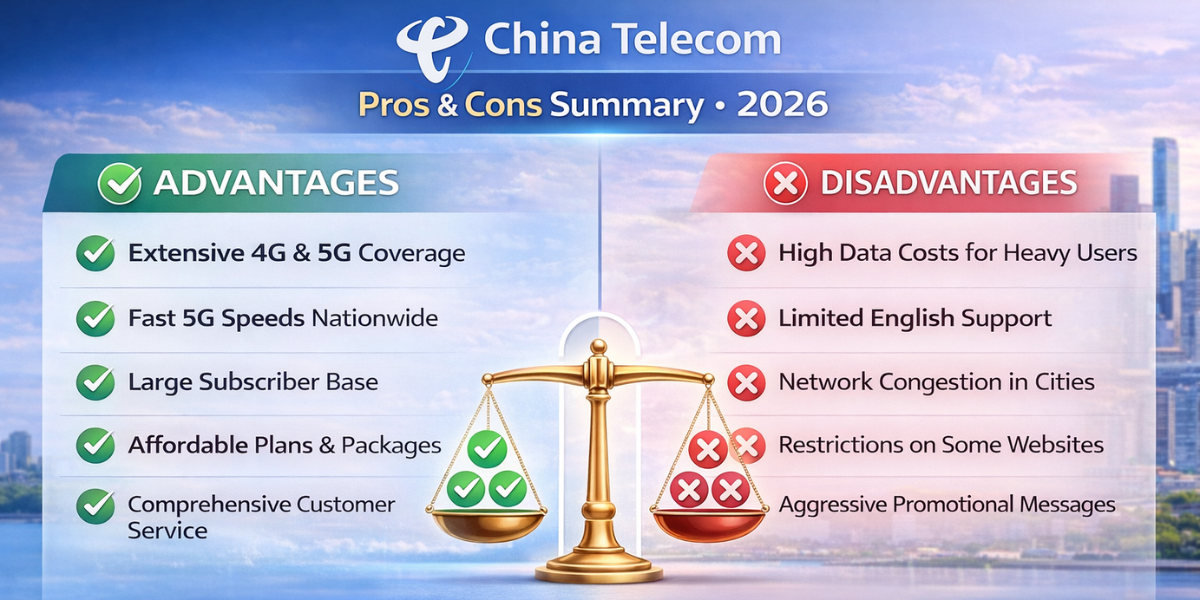 Split infographic summarizing China Telecom advantages and disadvantages: left green panel lists 5G in 300-plus cities, 424.52 million subscribers, satellite coverage, and 200-plus country roaming; right red panel lists limited English-language interface, rural latency at 141 ms, and China-only domestic focus