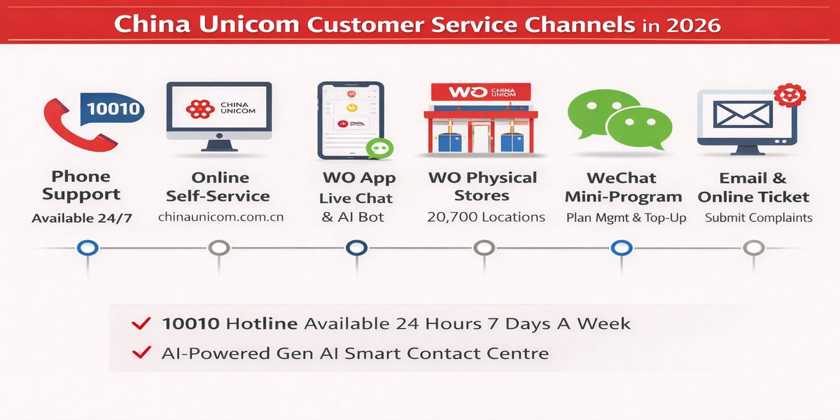 China Unicom customer service channels infographic showing hotline 10010 available 24 hours 7 days a week, WO App live chat, WeChat mini-program support, over 20700 physical WO stores in 436 cities, and online self-service portal at chinaunicom.com.cn