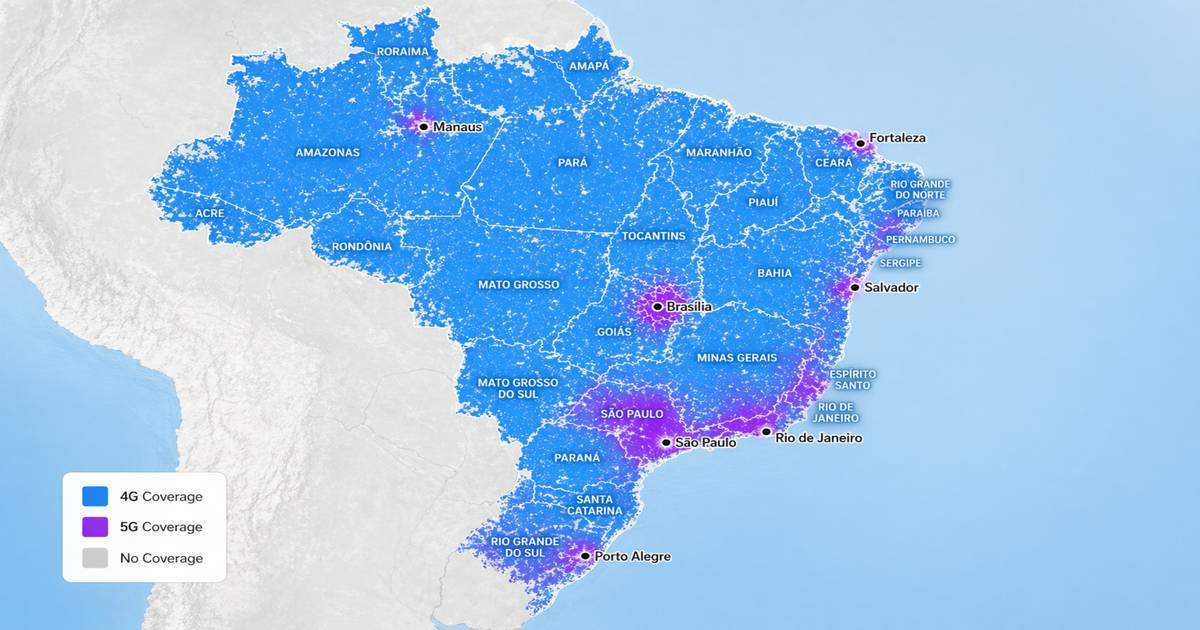 Bản đồ vùng phủ sóng 4G và 5G của Claro Brazil, thể hiện 4G phủ rộng trên toàn Brazil và các cụm 5G tại São Paulo, Rio de Janeiro, Brasília, Porto Alegre, Salvador, Fortaleza cùng nhiều thành phố lớn khác