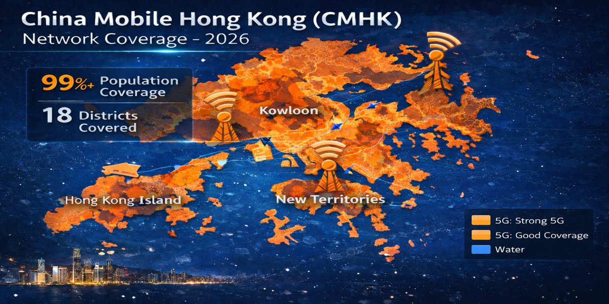 China Mobile Hong Kong CMHK 4G and 5G network coverage map showing over 99% population reach across Hong Kong's 18 districts, with strongest 5G signal in Central, Wan Chai, Kowloon, and Kwai Tsing