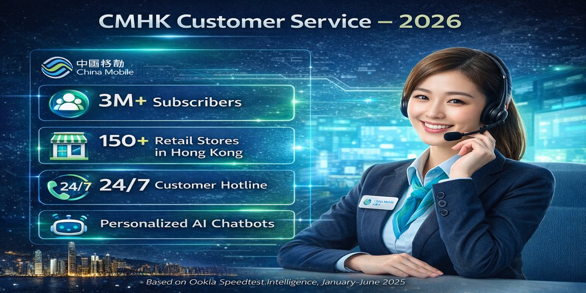 China Mobile Hong Kong CMHK customer service contact channels infographic showing phone hotline 1234, live chat available 9AM to 9PM HKT, physical stores in Mong Kok and Causeway Bay and Tsim Sha Tsui, and My CMHK mobile app self-service portal