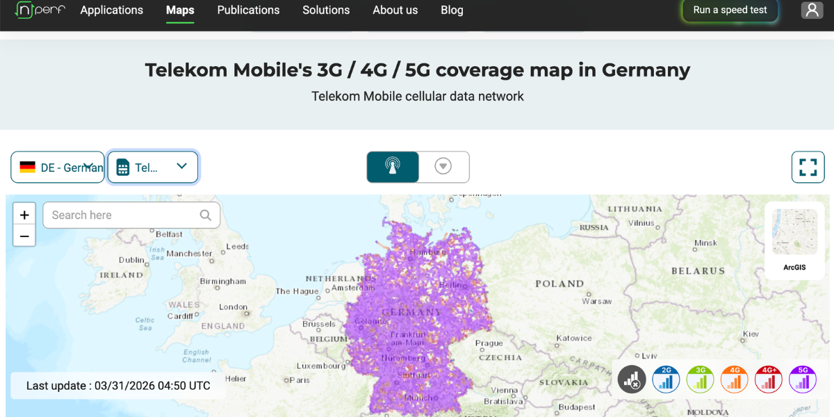 Deutsche Telekom mobile 3G, 4G, and 5G coverage map in Germany, showing nationwide signal distribution with strongest density around major cities including Hamburg, Berlin, Cologne, Frankfurt, and Munich as of March 2026.