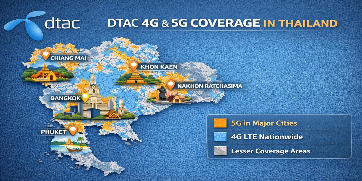 DTAC 4G and 5G network coverage map of Thailand showing signal distribution across all 77 provinces, with 5G service highlighted in Bangkok, Chiang Mai, Phuket, Khon Kaen, Nakhon Ratchasima, and Surat Thani
