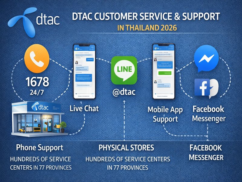DTAC Thailand customer service infographic showing five contact channels: hotline 1678 available 24 hours a day 7 days a week, in-app live chat, physical service centers across all 77 provinces, LINE Official Account at dtac, and Facebook Messenger support with 8AM to 10PM ICT operating hours