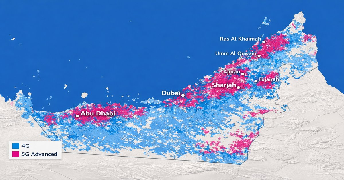 du UAE 4G and 5G network coverage map showing broad coverage across all seven Emirates, with 5G Advanced highlighted in major urban zones including Dubai, Abu Dhabi, and Sharjah.