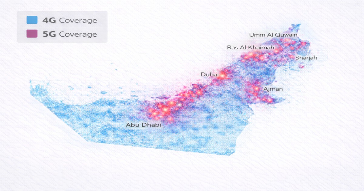 Etisalat e& UAE 4G and 5G network coverage map showing broad coverage across all seven Emirates, with stronger 5G clusters around Abu Dhabi, Dubai, Sharjah, Ajman, Fujairah, Ras Al Khaimah, and Umm Al Quwain.