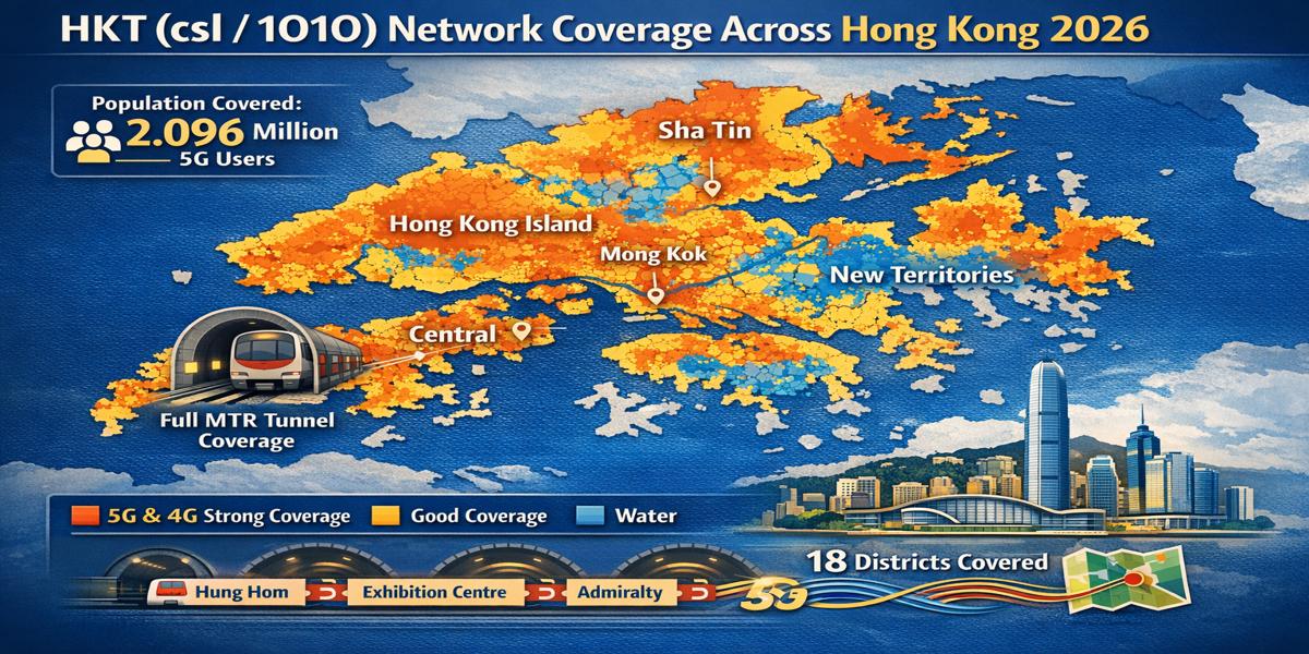 HKT csl 4G and 5G network coverage map showing population reach across Hong Kong's 18 districts, with strongest signal concentration in Central, Kowloon, and New Territories including full MTR tunnel and station coverage