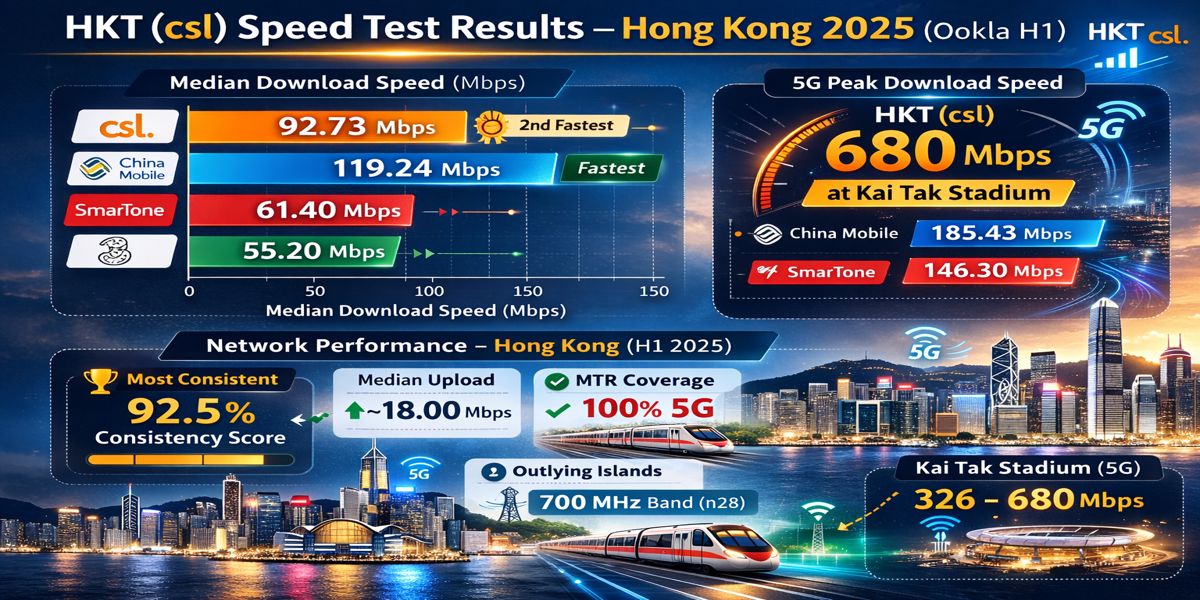 Speed test comparison bar chart showing HKT csl median download speed of 92.73 Mbps, 5G median of 142.20 Mbps, and peak 5G speed of 680 Mbps at Kai Tak Stadium, with upload speed comparisons, sourced from Ookla Speedtest Connectivity Report H1 2025