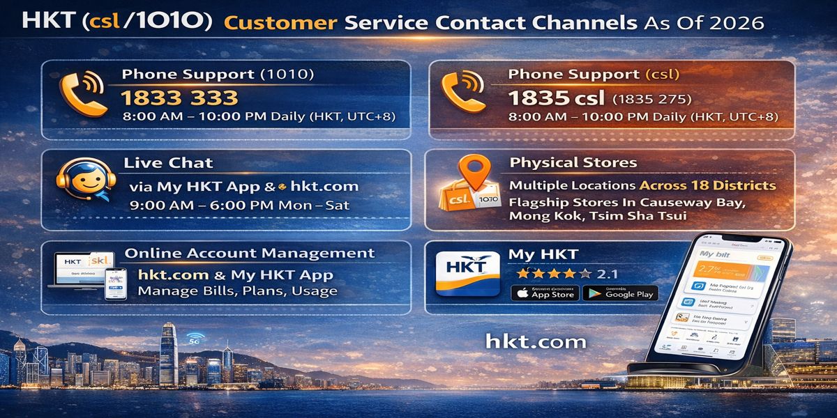 HKT customer service channels infographic showing phone support at 1833 333 for 1O1O and 1835 275 for csl available 8:00 AM to 10:00 PM daily, live chat from 9:00 AM to 6:00 PM Monday through Saturday, physical stores in Causeway Bay and Mong Kok and Tsim Sha Tsui, and My HKT mobile app on iOS and Android