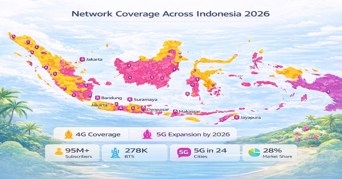 Indosat Ooredoo Hutchison 4G and 5G network coverage map showing nationwide population reach across Indonesia's 34 provinces, with strongest signal concentration in Java, Bali, Sumatra, Kalimantan, Sulawesi, and Makassar, displayed in blue for 4G and purple gradient for 5G across 24 active cities