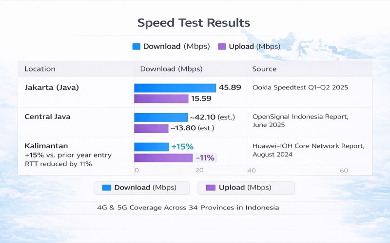 Mobile speed test results in Indonesia showing download and upload speeds for Jakarta, Central Java, and Kalimantan