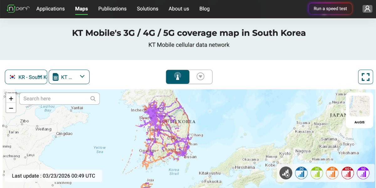 KT Mobile 3G 4G 5G network coverage map in South Korea showing dense 5G signal in Seoul, Incheon, and Busan metropolitan areas with nationwide LTE coverage distribution as of 2026
