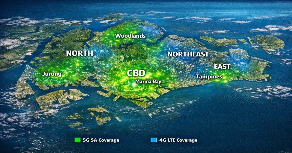 M1 Limited 4G and 5G Standalone network coverage map of Singapore showing island-wide 5G SA coverage across all 28 Urban Redevelopment Authority planning areas including the Central Business District, Marina Bay Financial Centre, Jurong, Tampines, and Woodlands, with maritime 5G coverage along the southern coast