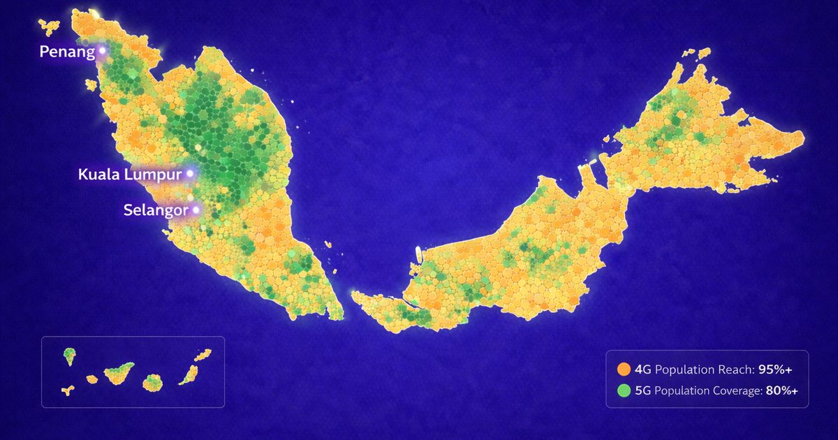 Maxis Berhad 4G and 5G network coverage map showing population reach across Malaysia’s 13 states and 3 federal territories, with strongest signal in Kuala Lumpur, Selangor, and Penang