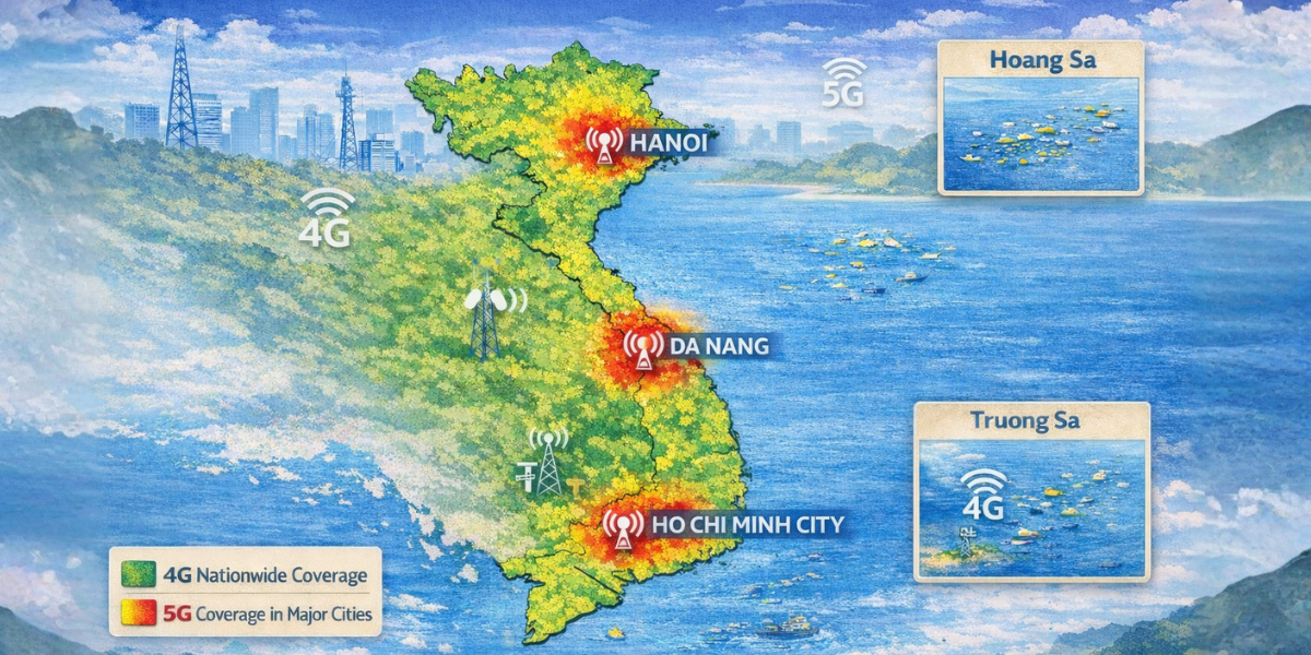 MobiFone 4G and 5G network coverage map showing nationwide 4G reach across Vietnam's 63 provinces and 5G deployment in major urban centers including Hanoi, Ho Chi Minh City, and Da Nang, with signal strength gradient overlay
