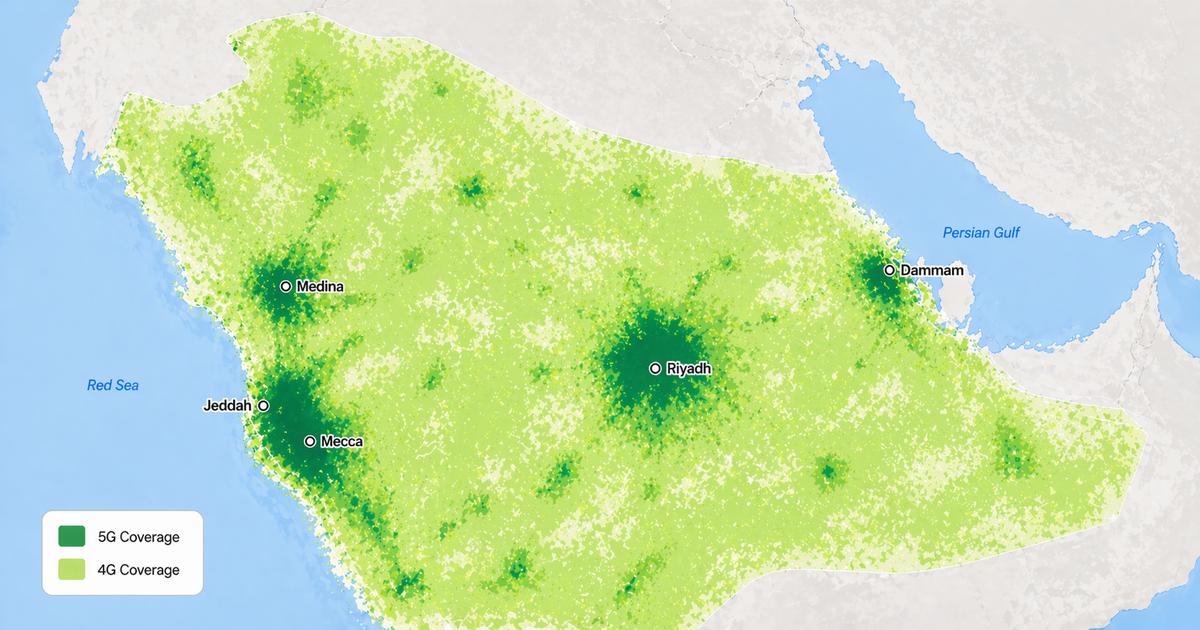 Mobily Saudi Arabia 4G and 5G coverage map showing strong 5G clusters in Riyadh, Jeddah, Dammam, Mecca, and Medina, with widespread 4G coverage across populated areas of the Kingdom.