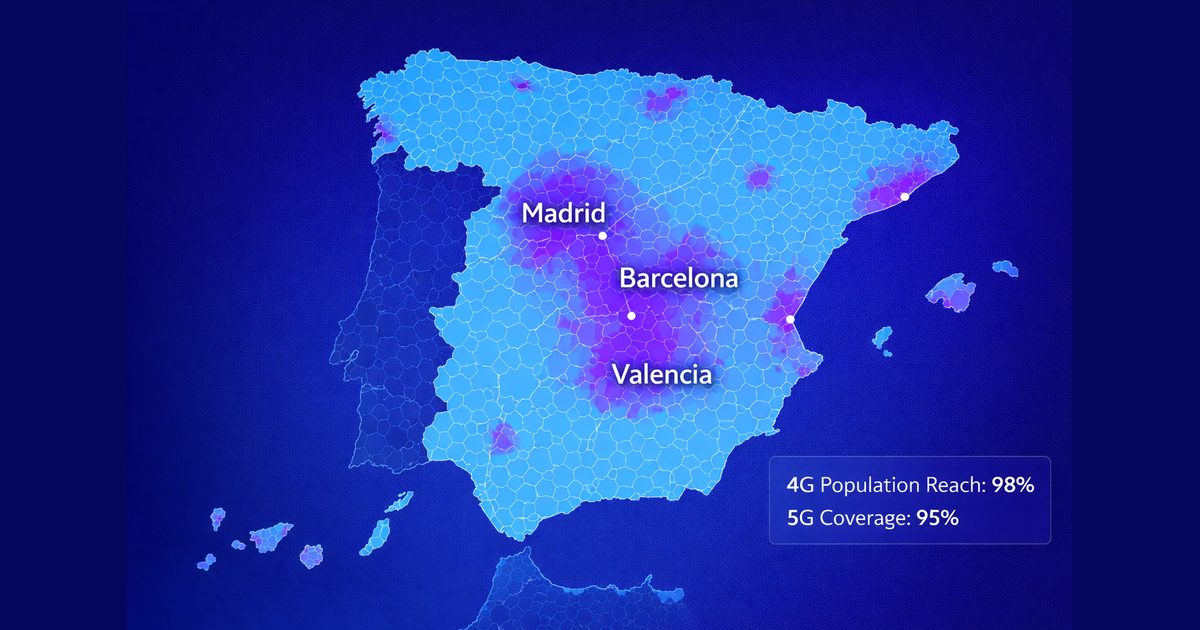 Movistar Spain 4G and 5G network coverage map showing 98% 4G population reach and 95% 5G coverage across Spain, including the mainland, Balearic Islands, and Canary Islands, with strongest signal density in Madrid, Barcelona, and Valencia