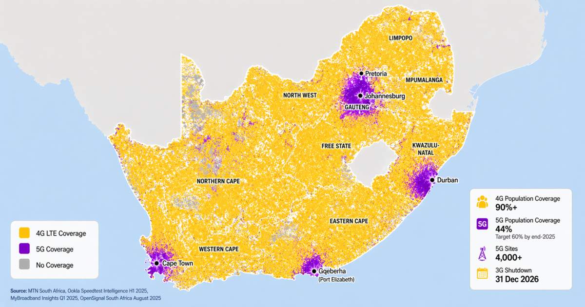 MTN South Africa 4G LTE and 5G network coverage map showing over 90% 4G population coverage across all 9 provinces, with strongest 5G clusters in Johannesburg, Cape Town, Durban, and Gqeberha
