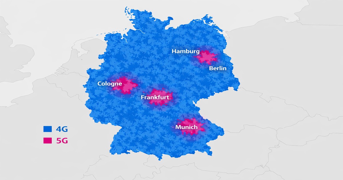O2 Telefónica Germany 4G and 5G network coverage map showing 99% population reach across Germany's 16 federal states, with strongest signal concentration in Berlin, Munich, Hamburg, Cologne, and Frankfurt