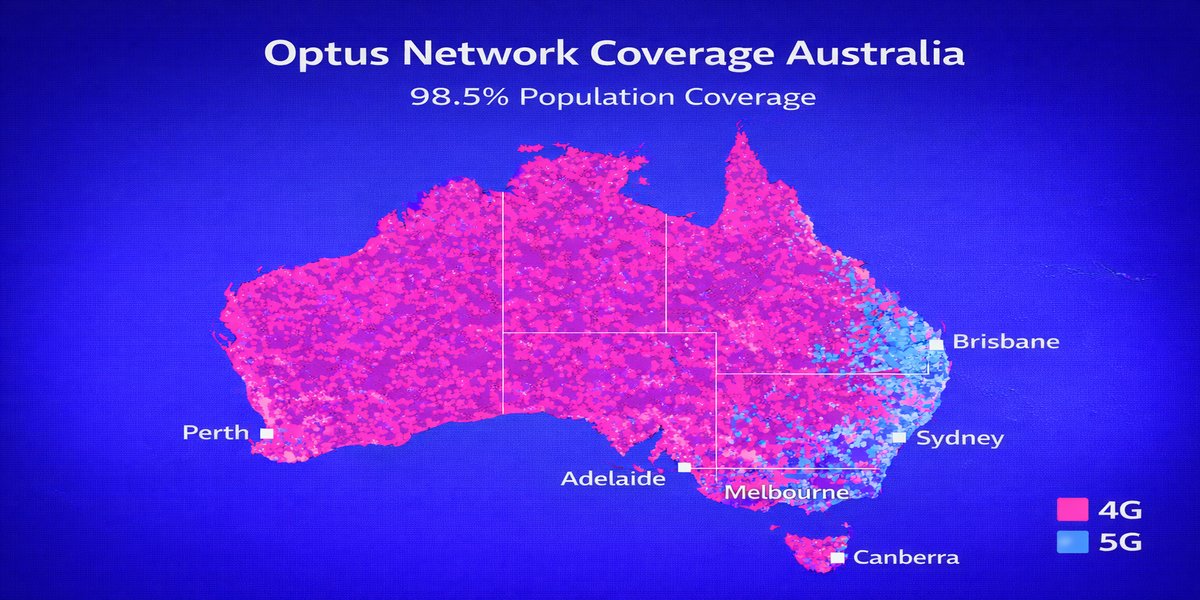 Singtel Optus 4G and 5G network coverage map showing 98.5% population reach across Australia's 8 states and territories, with strongest signal strength in Sydney, Melbourne, and Brisbane