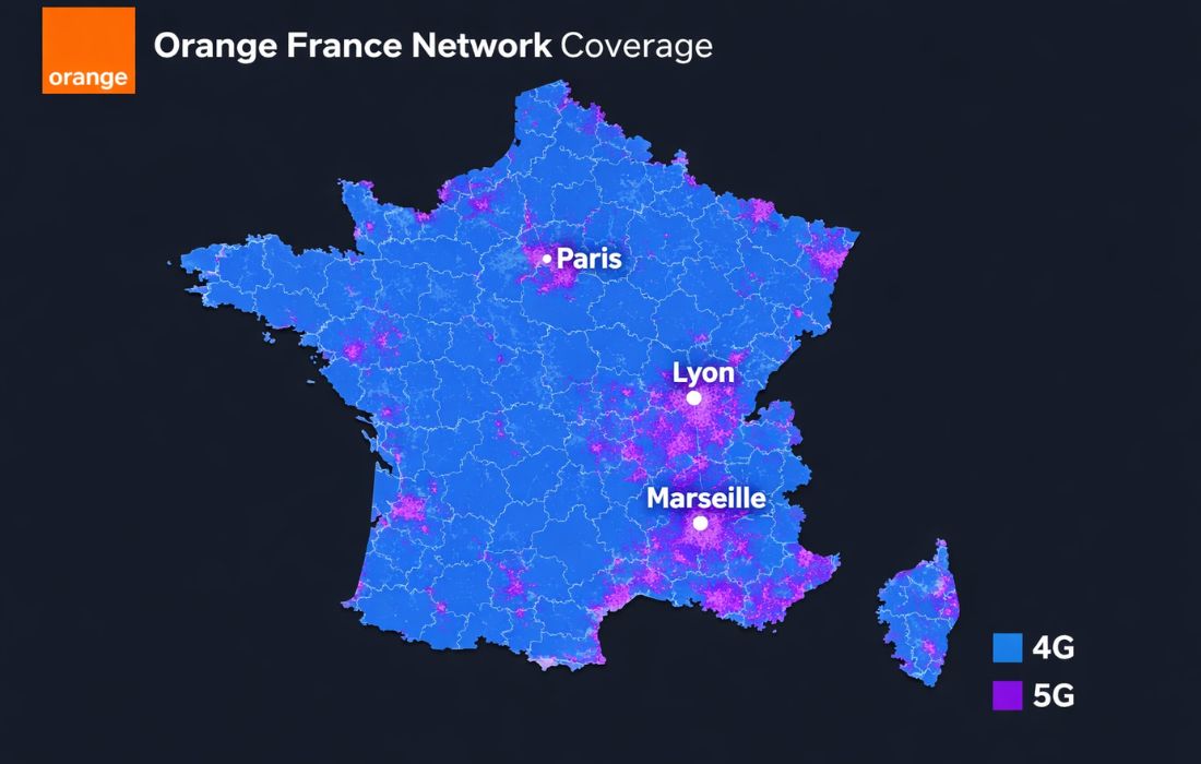 Orange France 4G and 5G network coverage map showing 99% population reach across Metropolitan France's 101 departments, with strongest signal strength in Paris, Lyon, and Marseille, displayed with 4G in blue and 5G in purple gradient