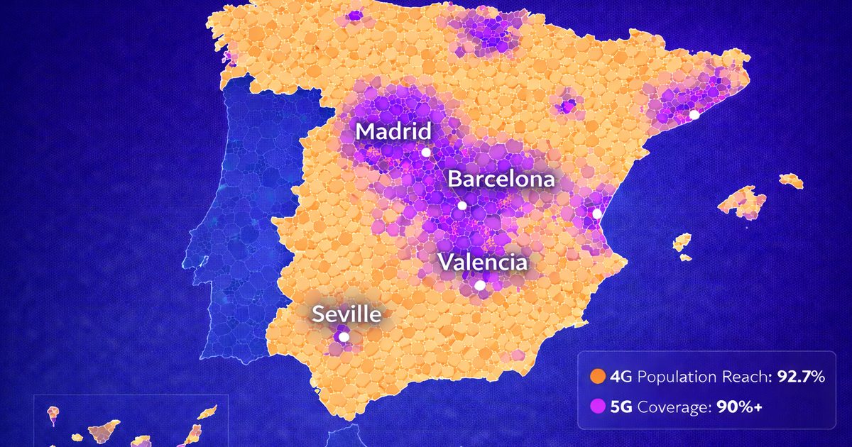 Orange Spain 4G and 5G network coverage map showing 92.7% 4G population reach and over 90% 5G coverage across Spain, with strongest signal density in Madrid, Barcelona, Valencia, and Seville