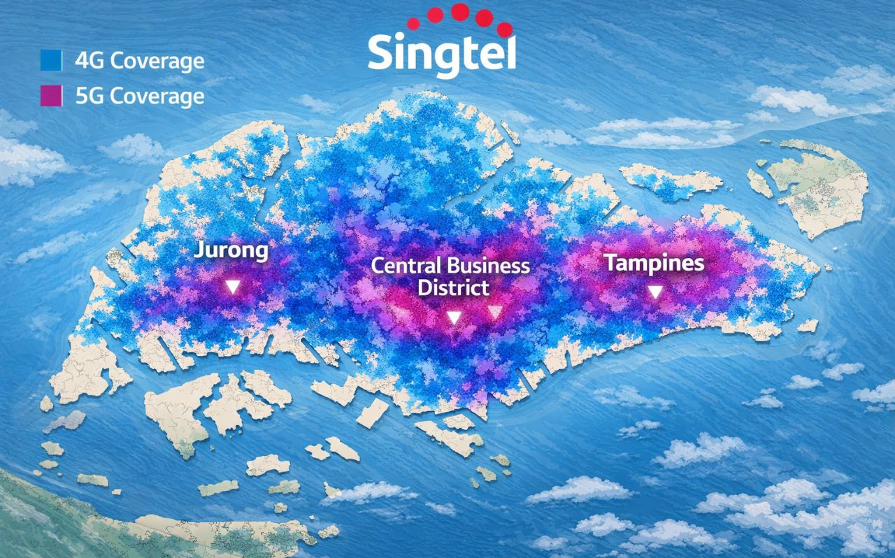 Singapore Telecommunications Limited Singtel 4G and 5G network coverage map showing nationwide population reach across Singapore's regions, with strongest signal strength in central business district, Jurong, and Tampines areas