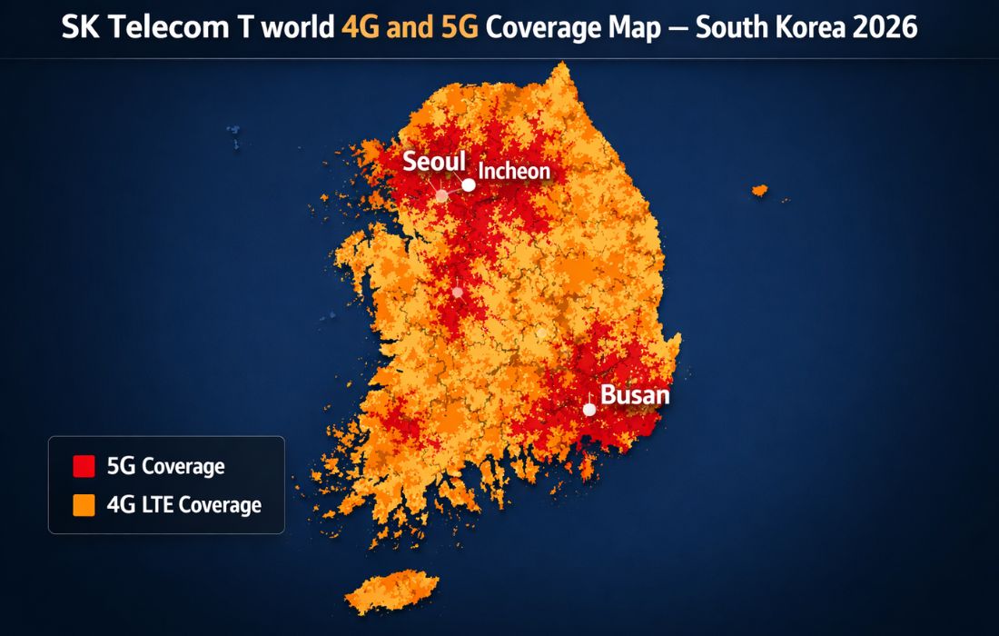 SK Telecom 4G and 5G network coverage map showing 99% population reach across South Korea's 17 administrative regions, with strongest 5G signal density in Seoul, Busan, and Incheon metropolitan areas