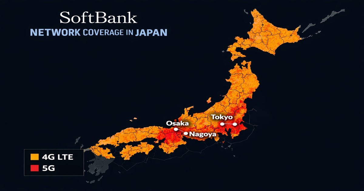SoftBank Corp 4G and 5G network coverage map showing 98.4% population reach across Japan's 47 prefectures, with highest signal density in Tokyo, Osaka, and Nagoya metropolitan areas
