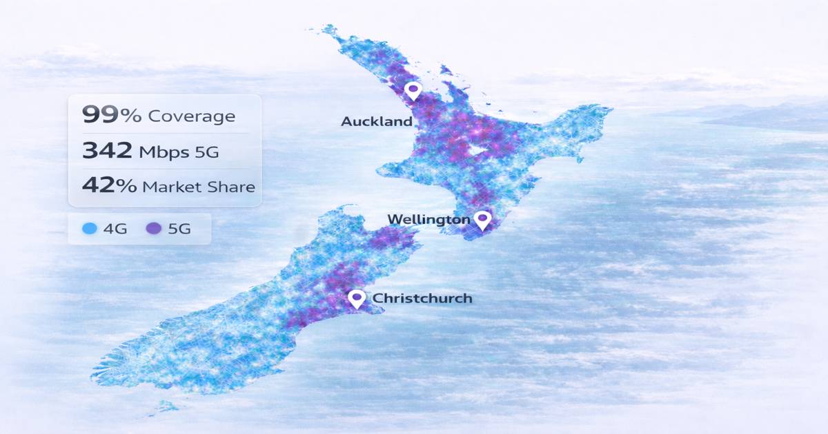 Spark New Zealand 4G and 5G network coverage map showing 99% population reach across the North and South Islands with strongest 5G signal in Auckland, Wellington, and Christchurch