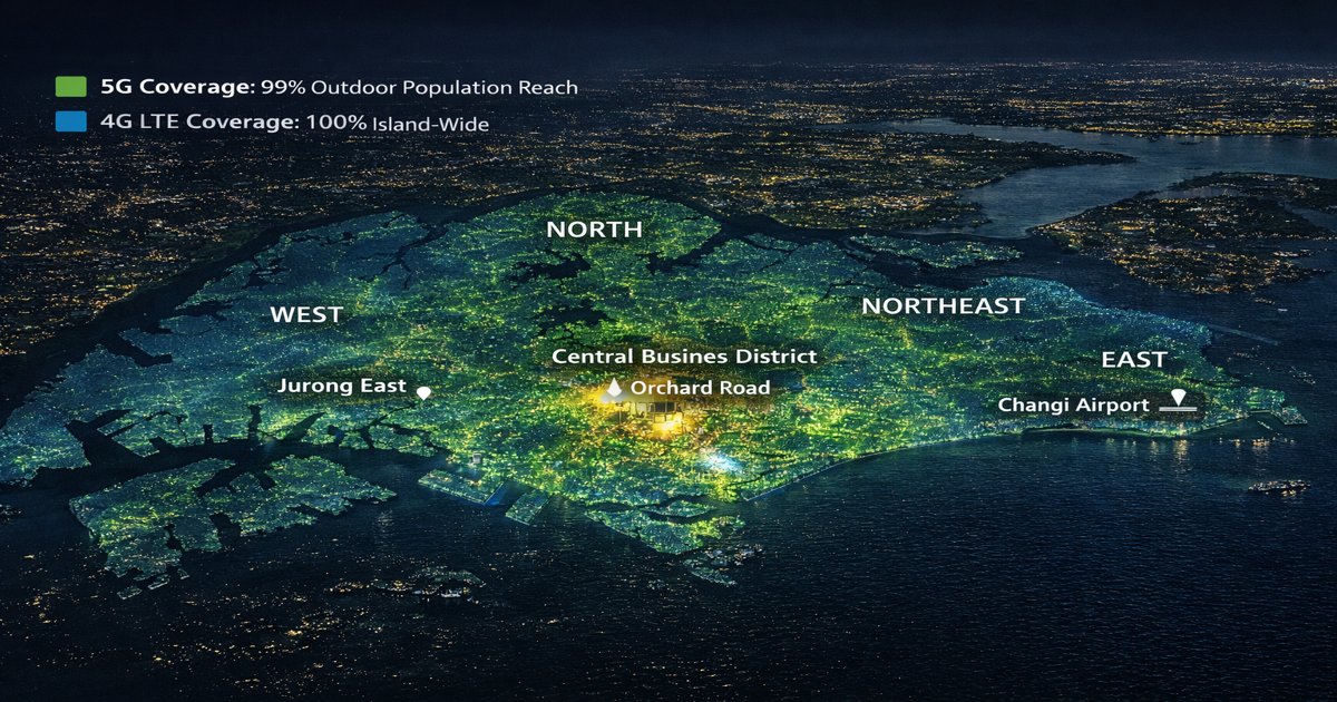 StarHub 4G and 5G standalone network coverage map showing over 99% outdoor population reach across Singapore's five planning regions — Central, North, East, West, and Northeast — with strongest 5G signal density in the Central Business District, Orchard Road, Jurong East, Tampines, and Changi Airport