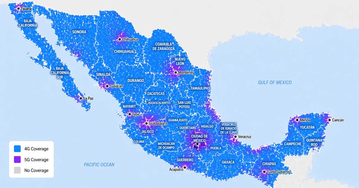 Telcel Mexico 4G and 5G network coverage map showing 86.7% population coverage with strongest signal in Mexico City, Guadalajara, and Monterrey and 5G available in 125 cities