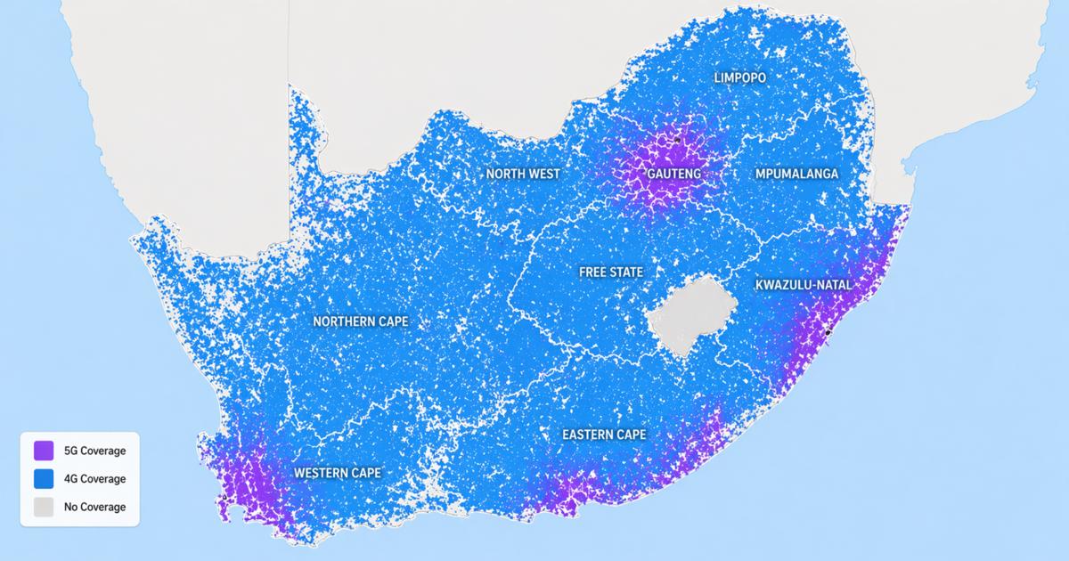 Telkom SA 4G and 5G network coverage map of South Africa showing widespread 4G coverage across all 9 provinces and 5G deployment concentrated in Gauteng, KwaZulu-Natal, Eastern Cape, and Western Cape
