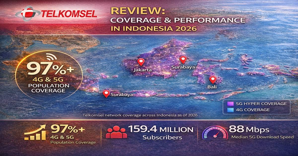 Telkomsel 4G and 5G network coverage map showing over 97% population reach across Indonesia's 38 provinces, with Hyper 5G signal highlighted in purple across 56 cities including Jakarta, Surabaya, Bali, Makassar, and Batam