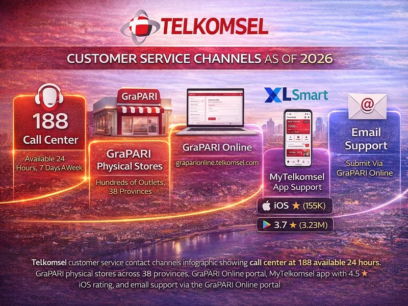 Telkomsel customer service infographic showing five contact channels: call center at 188 available 24 hours 7 days a week, GraPARI physical stores across 38 provinces, GraPARI Online web portal, MyTelkomsel app rated 4.5 stars on iOS App Store, and email support via the GraPARI Online portal
