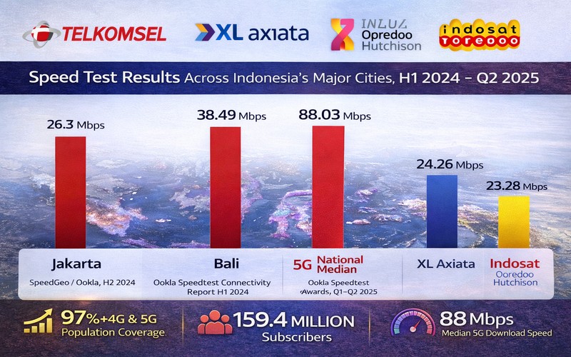 Speed test comparison bar chart showing Telkomsel median download speeds of 26.3 Mbps in Jakarta, 38.49 Mbps in Bali, 40.37 Mbps in Makassar, and 5G national median of 88.03 Mbps download and 27.00 Mbps upload as of Q1–Q2 2025 per Ookla