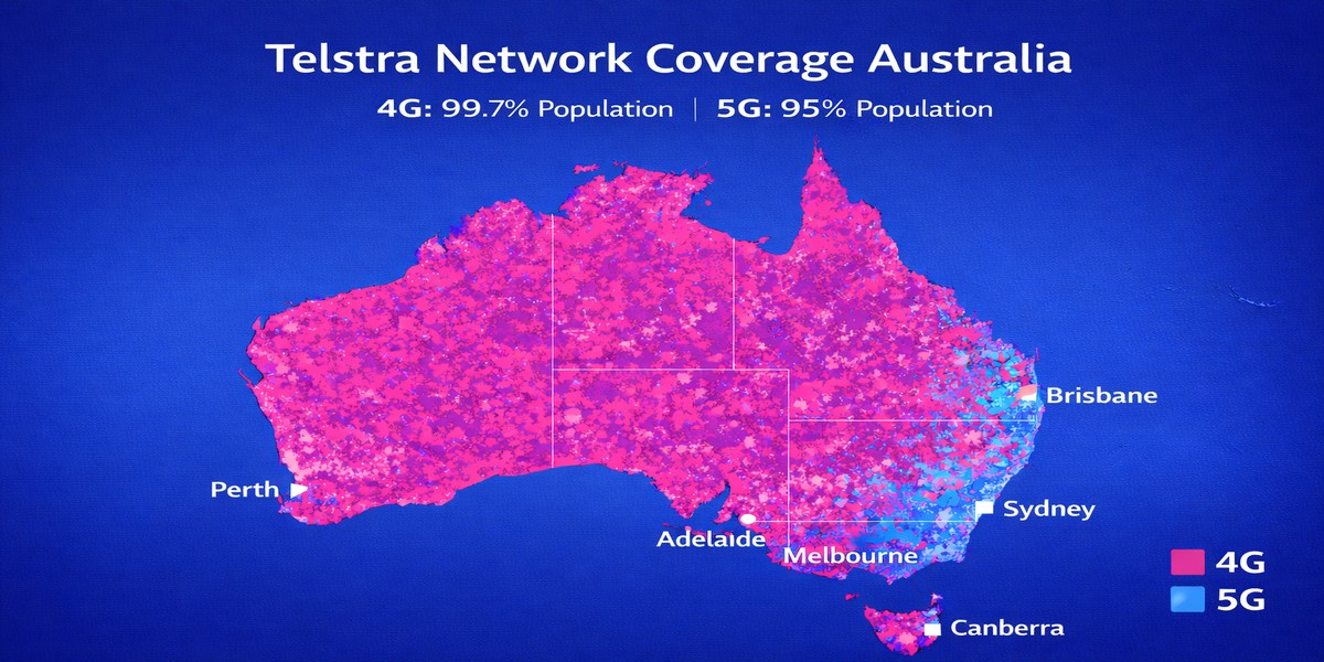 Telstra 4G and 5G network coverage map showing 99.7% population reach across Australia's 8 states and territories, with strongest signal concentration in Sydney, Melbourne, Brisbane, and Perth