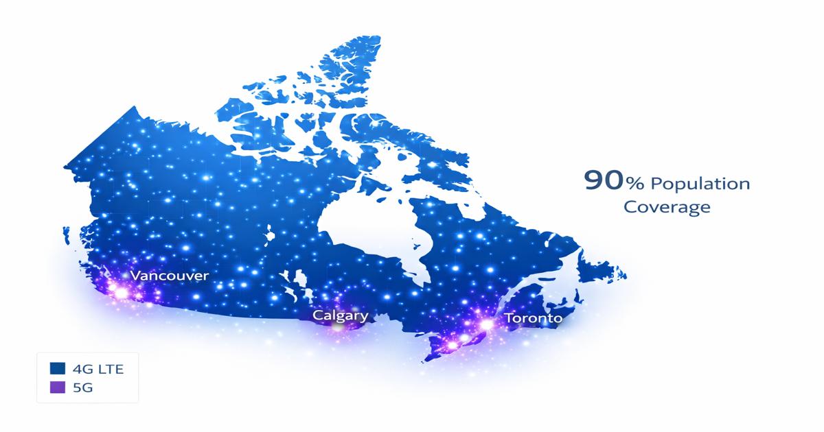 Bản đồ vùng phủ sóng 4G LTE và 5G của TELUS cho thấy phạm vi tiếp cận 90% dân số trên toàn bộ 10 tỉnh bang và 3 vùng lãnh thổ của Canada, với tín hiệu mạnh nhất tại các khu vực đô thị Vancouver, Calgary và Toronto