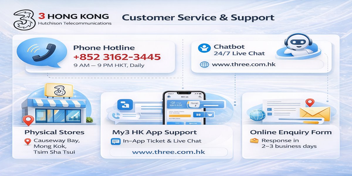 3 Hong Kong customer service channels infographic showing 5 contact options: phone hotline +852 3162-3445 available daily 9AM to 9PM HKT, 24/7 chatbot and live chat via three.com.hk and My3 app, retail stores in Causeway Bay and Mong Kok and Tsim Sha Tsui, My3 app rated 2.9 stars from 2550 Google Play reviews, and online enquiry form with 2 to 3 business day response time