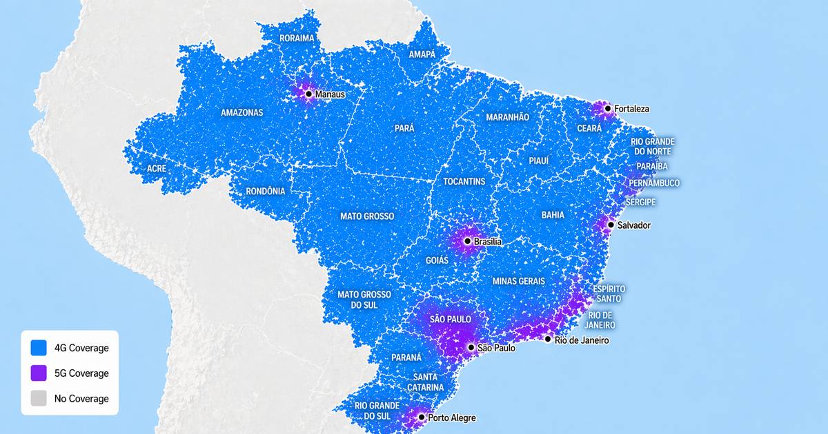 Bản đồ vùng phủ sóng 4G và 5G của TIM tại Brazil cho thấy 4G phủ toàn quốc tại tất cả các đô thị, với các cụm 5G mạnh nhất ở São Paulo, Rio de Janeiro, Brasília, Salvador, Fortaleza, Manaus và Porto Alegre