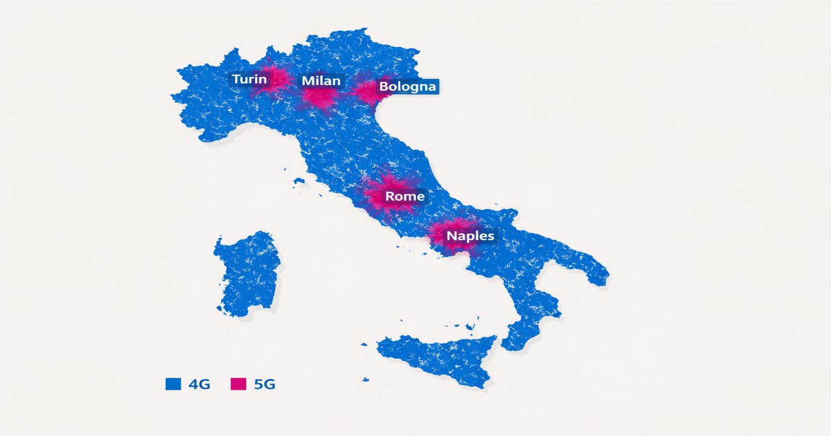 TIM Telecom Italia 4G and 5G network coverage map showing 99% population reach across Italy's 20 regions, with strongest 5G signal in Milan, Rome, Naples, Turin, and Bologna