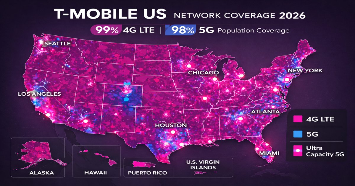 Bản đồ vùng phủ sóng 4G LTE và 5G của T-Mobile US thể hiện 99% phủ sóng 4G và 98% phủ sóng 5G trên toàn bộ 50 tiểu bang Hoa Kỳ, Puerto Rico và Quần đảo Virgin thuộc Mỹ, với Ultra Capacity 5G được làm nổi bật tại các khu vực đô thị lớn
