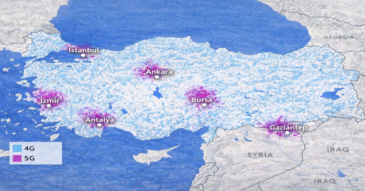 Türk Telekom 4G and 5G network coverage map showing broad 4G reach across Turkey, with newly launched 5G zones highlighted in Istanbul, Ankara, Izmir, Antalya, Bursa, and Gaziantep.