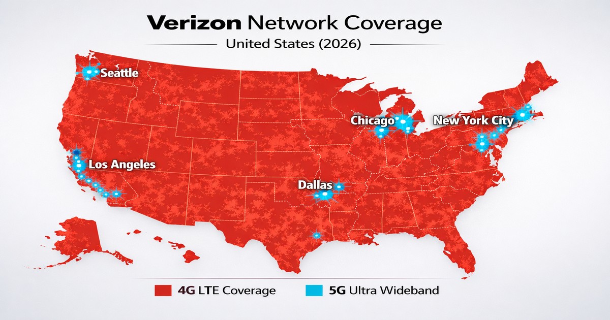 Verizon 4G LTE and 5G Ultra Wideband network coverage map showing 99% population reach across all 50 U.S. states, with 5G Ultra Wideband highlighted in dense urban zones including New York City, Los Angeles, and Chicago, and C-Band mid-band 5G layer covering 280 million people