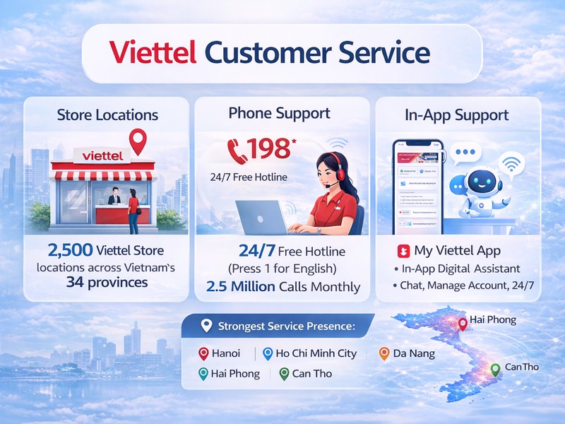 Viettel Mobile 6-channel customer service infographic showing hotline 18008098 available 24 hours and 7 days a week, My Viettel app AI chatbot available 24/7, over 2500 physical stores across all 63 provinces, iOS app rated 4.4 stars from 472000 reviews, email support at cskh@viettel.com.vn with 24 to 48 hour response, and Zalo OA channel monitored 7AM to 10PM ICT