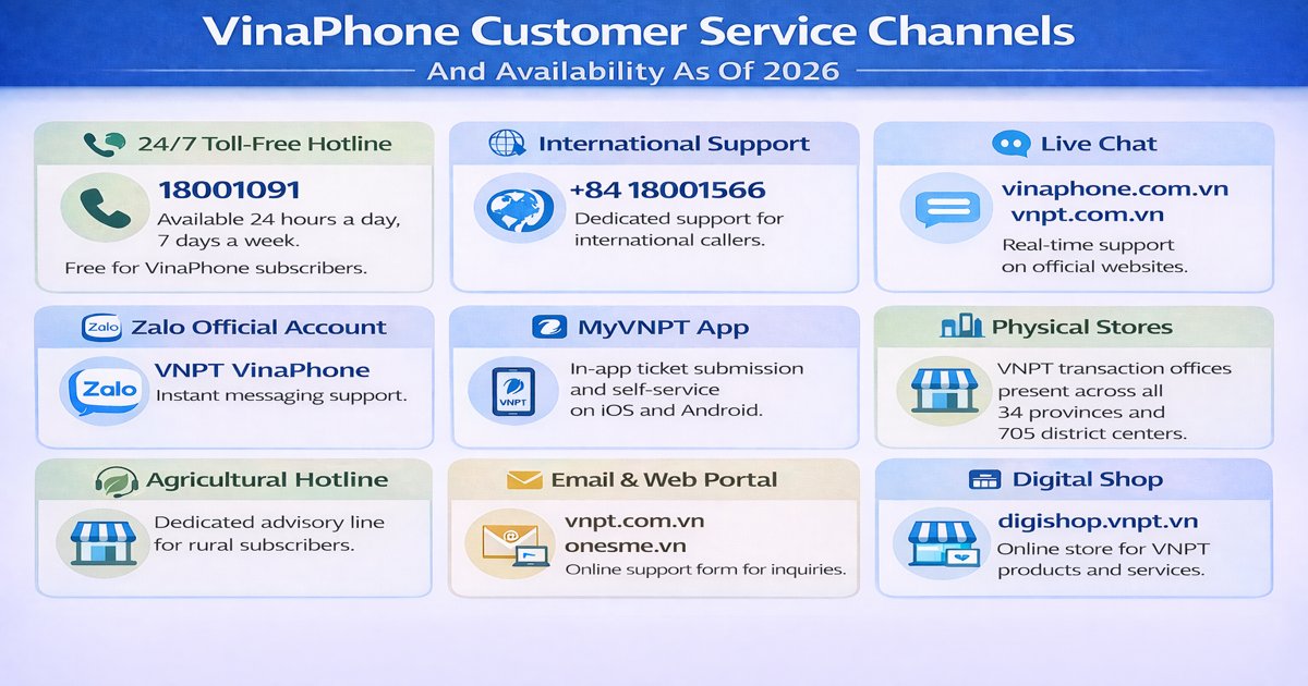 VinaPhone customer service channels infographic showing hotline 18001091, live chat, Zalo support, MyVNPT app, stores, and digital support options