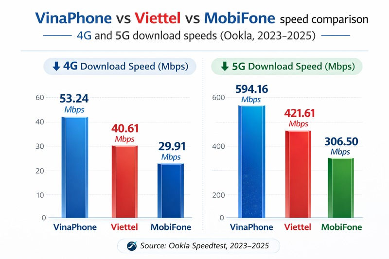Bar chart comparing VinaPhone 4G download speed 53.24 Mbps and 5G download speed 594.16 Mbps against Viettel 4G 40.61 Mbps and 5G 421.61 Mbps and MobiFone 4G 29.91 Mbps and 5G 306.5 Mbps across Hanoi, Ho Chi Minh City, and Da Nang